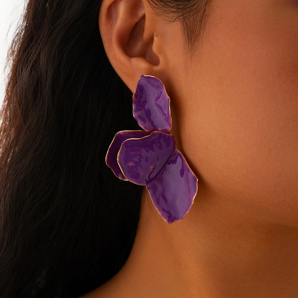 Jewelry Folding Pink Petal Earrings Iron Dripping Oil Flower Style Electroplating For Women