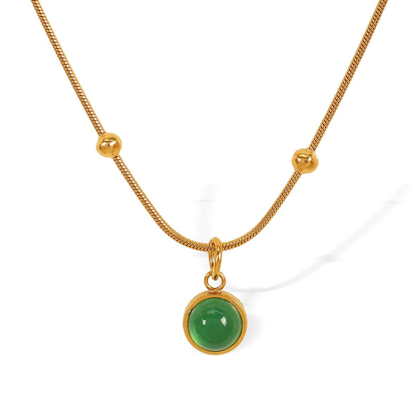 Jewelry French Retro Green Glass Stone Pendant Necklace 316L Stainless Steel 18K Gold Plated Geometric Fashion For Women