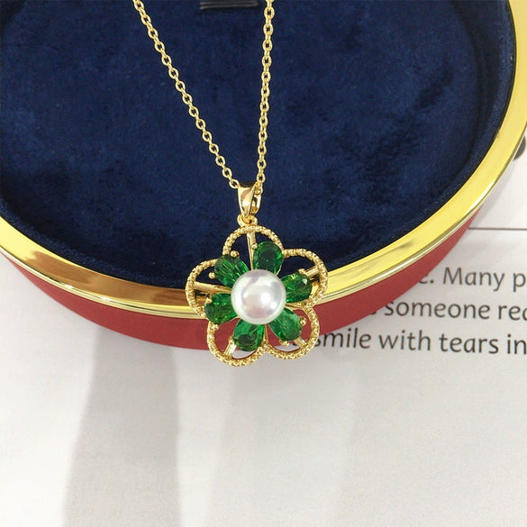 Jewelry Freshwater Pearl Pendant Necklace Natural Style Copper 18K Goldfilled Rotating Micropaved Zircon Flower Shape