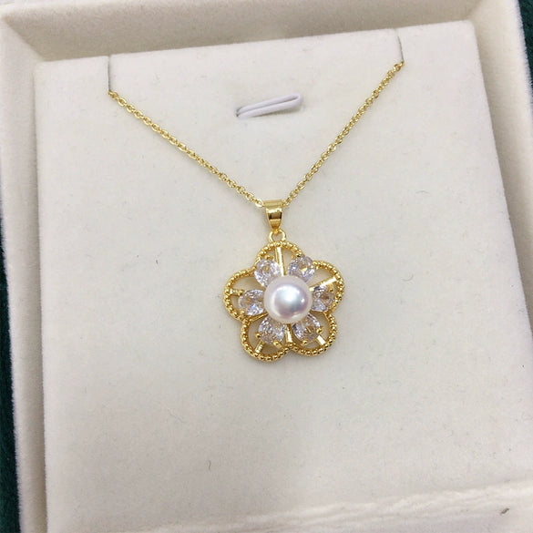 Jewelry Freshwater Pearl Pendant Necklace Natural Style Copper 18K Goldfilled Rotating Micropaved Zircon Flower Shape