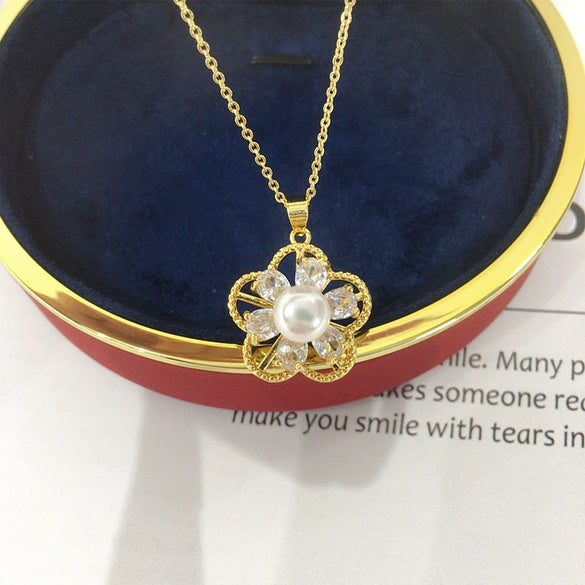 Jewelry Freshwater Pearl Pendant Necklace Natural Style Copper 18K Goldfilled Rotating Micropaved Zircon Flower Shape