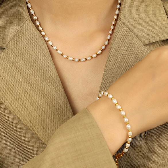 Jewelry Freshwater Pearl 316L Stainless Steel Electroplating Geometric Women's Necklace Bracelet