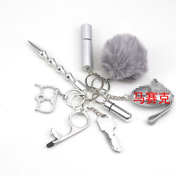 Jewelry Fur Ball Selfdefense Alarm Keychain Fashion Pill Bag Pendant Metal Electroplated