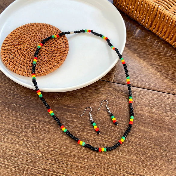 Jewelry Glass Glaze Rice Beads Color Handmade Earrings Necklace Two Piece Set For Women