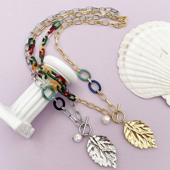 Jewelry Gold Plated Acrylic Stitching Leaf Bone Chain Necklace And Bracelet Electroplating