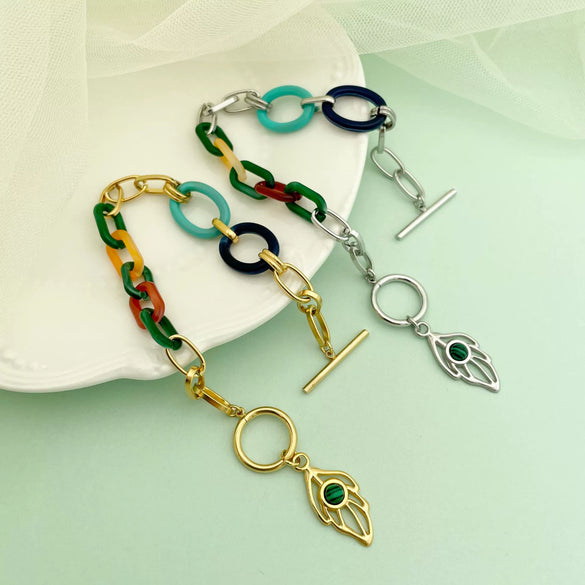 Jewelry Gold Plated Acrylic Stitching Leaf Bone Chain Necklace And Bracelet Electroplating