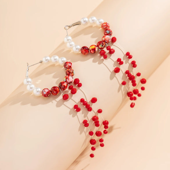 Jewelry Gothic Imitation Pearl Crystal Tassel Geometric Handmade Blood Drops Long Earrings For Women