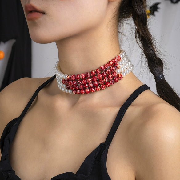 Jewelry Gothic Imitation Pearl Necklace Choker Handmade Geometric Blood Drops Tassel