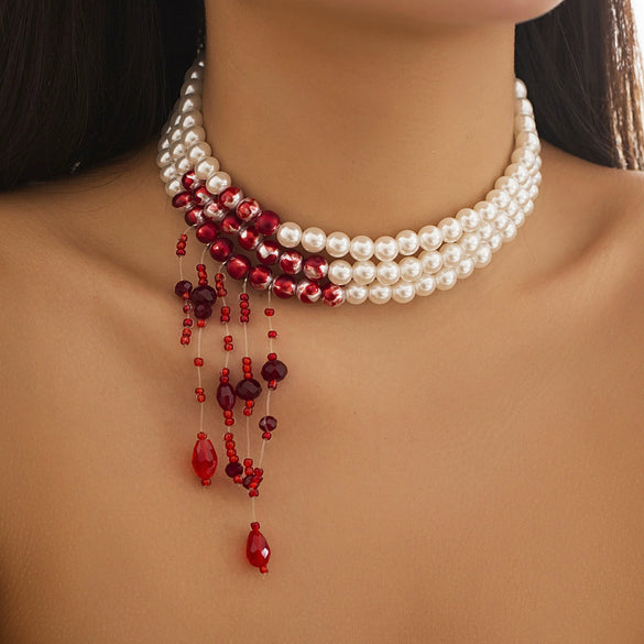 Jewelry Gothic Imitation Pearl Necklace Choker Handmade Geometric Blood Drops Tassel