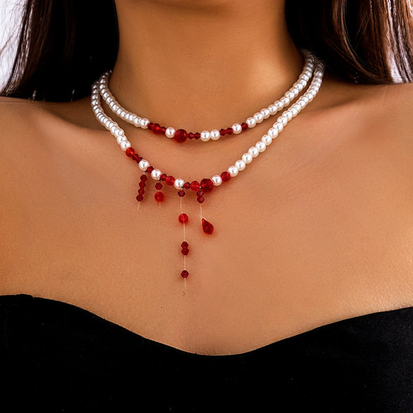 Jewelry Gothic Imitation Pearl Necklace Choker Handmade Geometric Blood Drops Tassel