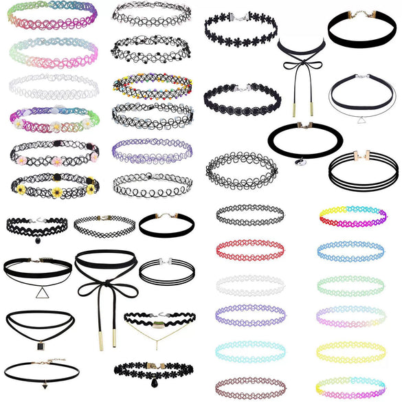 Jewelry Gothic Neck Chain Set Choker Collar Lace Clavicle Chain Mixed Material Geometric Flowers Water Wave Chain