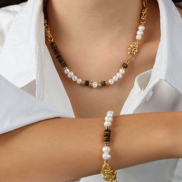 Jewelry Handmade Natural Tiger Eye Freshwater Pearl Retro Light Luxury Court Style 316L Stainless Steel Necklace Bracelet