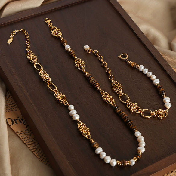 Jewelry Handmade Natural Tiger Eye Freshwater Pearl Retro Light Luxury Court Style 316L Stainless Steel Necklace Bracelet
