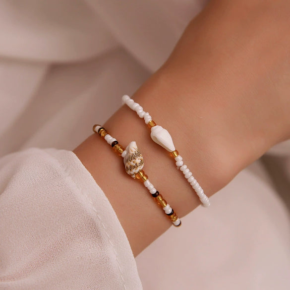 Jewelry Handwoven Rice Beads And Natural Shells Women's Bracelet Twopiece Set