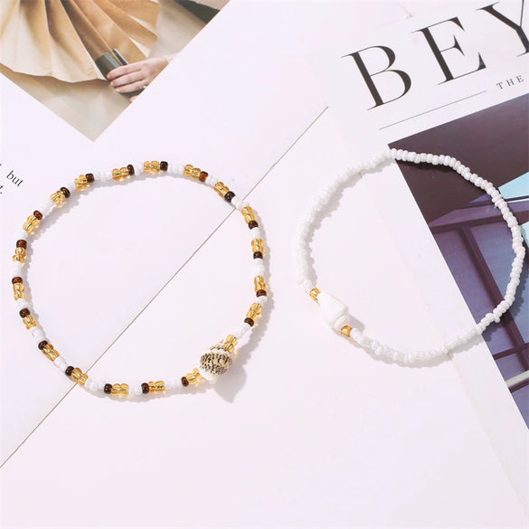 Jewelry Handwoven Rice Beads And Natural Shells Women's Bracelet Twopiece Set