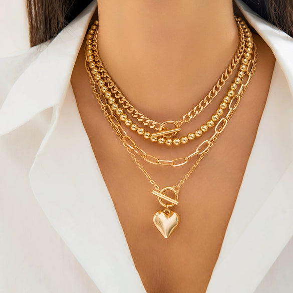 Jewelry Hip Hop Beaded Necklace Zinc Alloy Heart Geometric Electroplating For Women