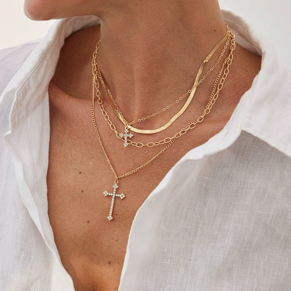 Jewelry Hip Hop Multilayer Cross Pendant Clavicle Chain Alloy Iron Copper Electroplating Geometric Style