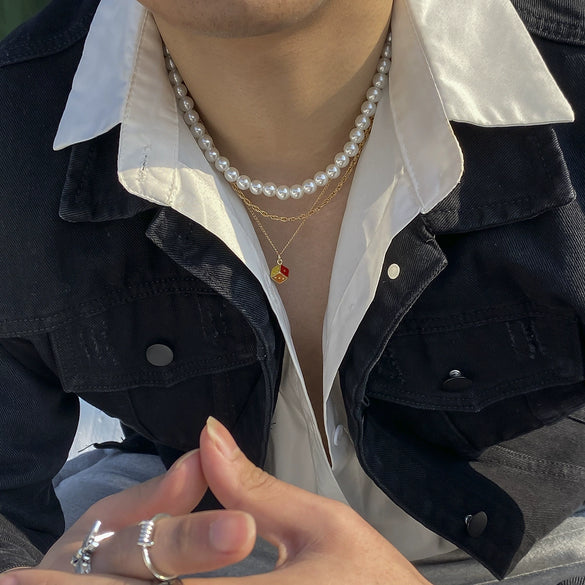 Jewelry Hip Hop Retro Geometric Multi Layer Pearl Alloy Necklace With Dice Pendant And Electroplating For Men