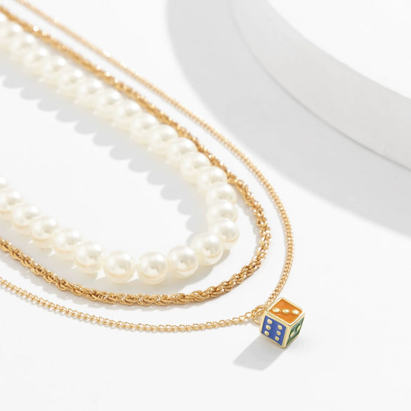 Jewelry Hip Hop Retro Geometric Multi Layer Pearl Alloy Necklace With Dice Pendant And Electroplating For Men