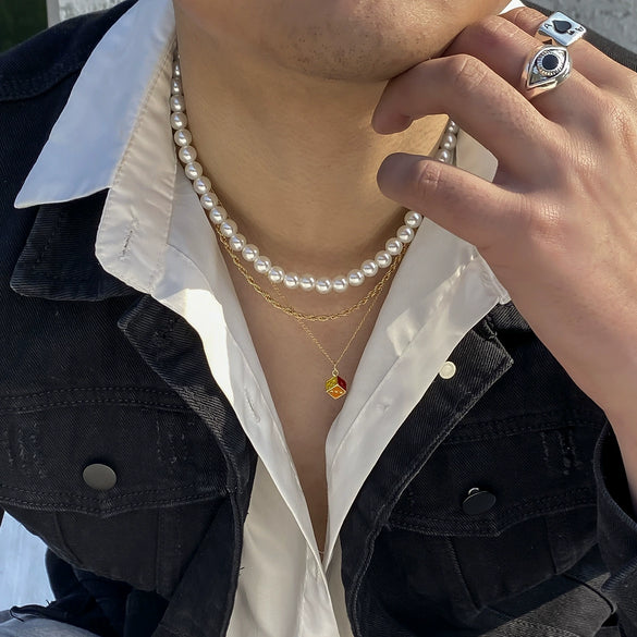 Jewelry Hip Hop Retro Geometric Multi Layer Pearl Alloy Necklace With Dice Pendant And Electroplating For Men