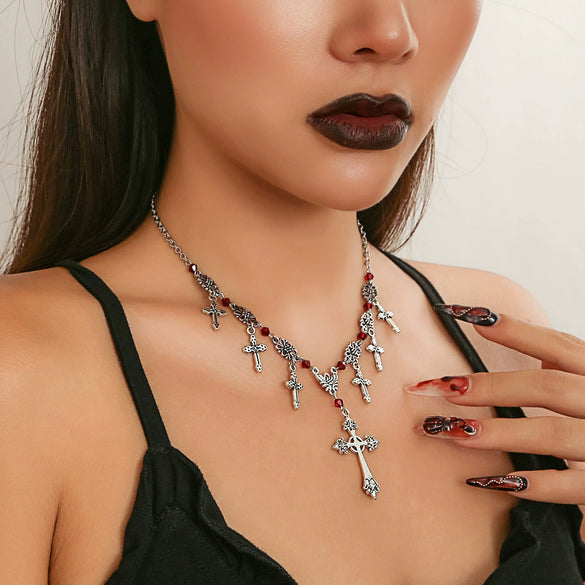 Jewelry Hiphop Cross Pendant Clavicle Chain Necklace Dark Gothic Style Metal Alloy Electroplated Geometric
