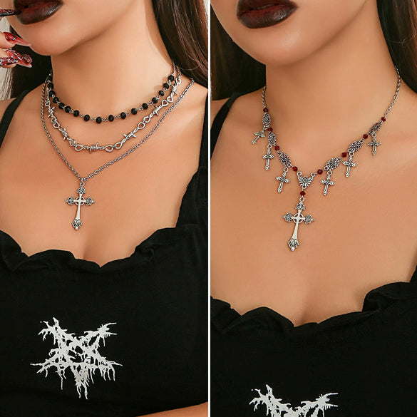 Jewelry Hiphop Cross Pendant Clavicle Chain Necklace Dark Gothic Style Metal Alloy Electroplated Geometric