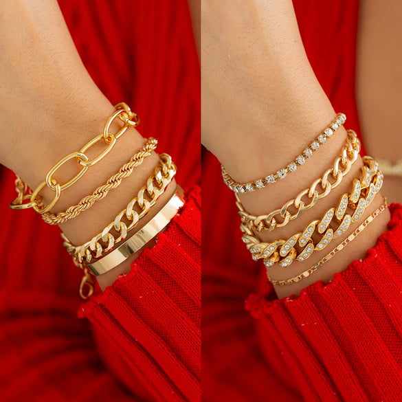 Jewelry Hiphop Punk Alloy Diamondencrusted Cuban Buckle Chain Bracelet Set With Geometric Pattern