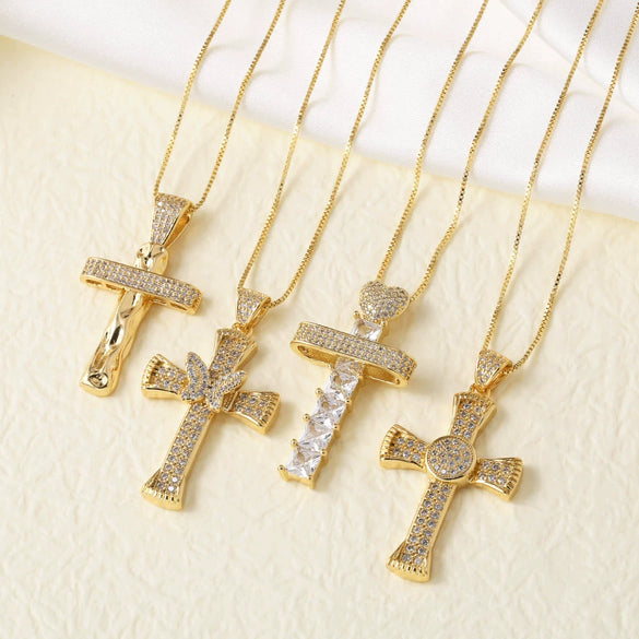 Jewelry Hiphop Zircon Cross Pendant Necklace Copper Geometric Electroplating Clavicle Chain