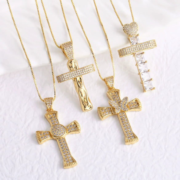 Jewelry Hiphop Zircon Cross Pendant Necklace Copper Geometric Electroplating Clavicle Chain