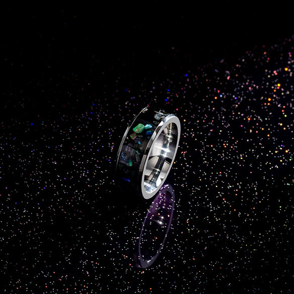 Jewelry Imitation Abalone Shell Inlaid Titanium Steel Ring Electroplated Geometric Style