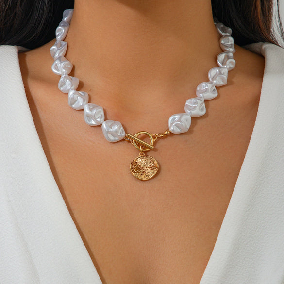Jewelry Imitation Pearl Alloy Geometric Asymmetrical Shaped Clavicle Chain Set Electroplated