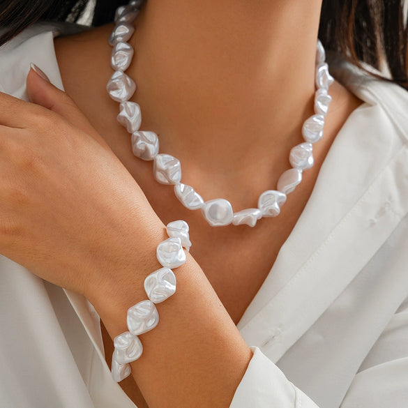 Jewelry Imitation Pearl Alloy Geometric Asymmetrical Shaped Clavicle Chain Set Electroplated