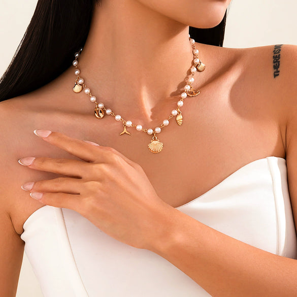 Jewelry Imitation Pearl Alloy Geometric Electroplated Pendant Clavicle Chain