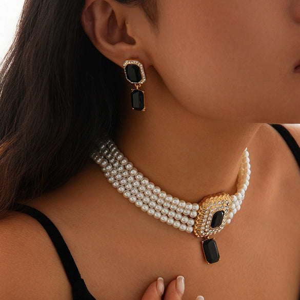 Jewelry Imitation Pearl Alloy Geometric Light Luxury Multilayer Clavicle Chain Electroplated