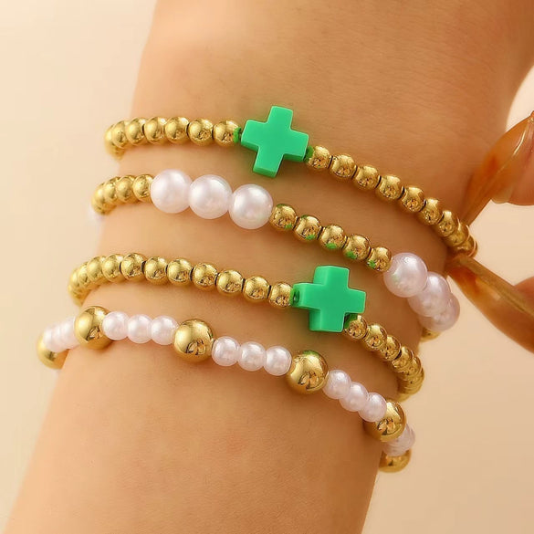 Jewelry Imitation Pearl Alloy Geometric Round Bead Stitching Electroplating Bracelet For Women