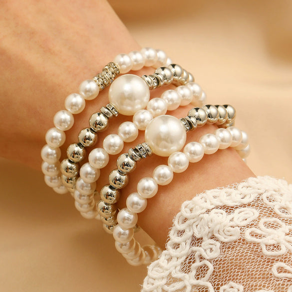 Jewelry Imitation Pearl Alloy Geometric Round Bead Stitching Electroplating Bracelet For Women