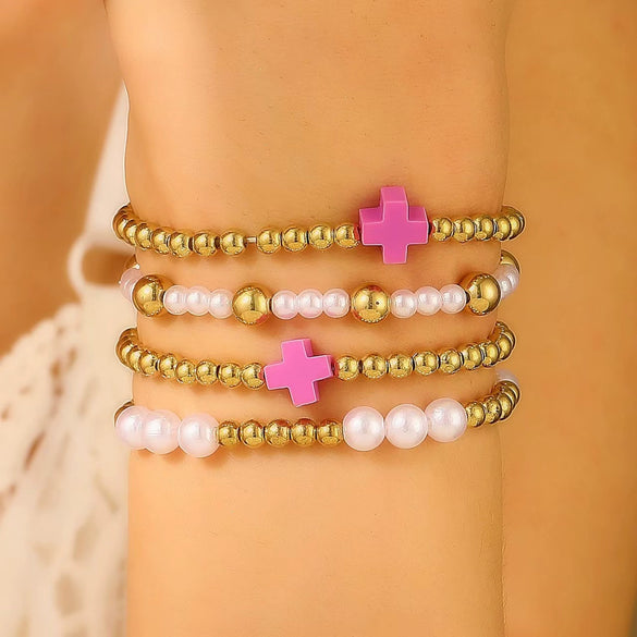 Jewelry Imitation Pearl Alloy Geometric Round Bead Stitching Electroplating Bracelet For Women