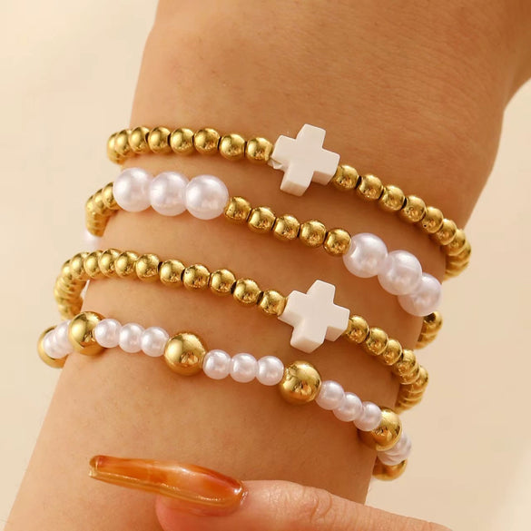 Jewelry Imitation Pearl Alloy Geometric Round Bead Stitching Electroplating Bracelet For Women