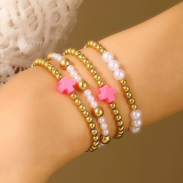 Jewelry Imitation Pearl Alloy Geometric Round Bead Stitching Electroplating Bracelet For Women