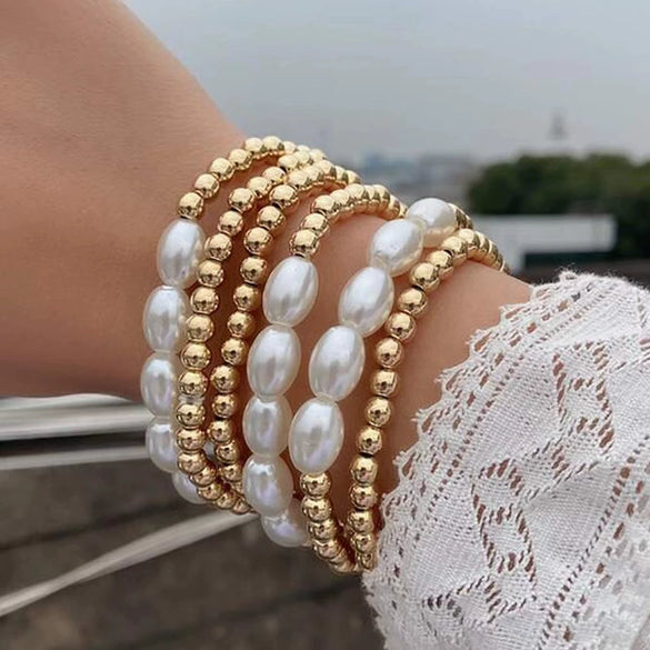 Jewelry Imitation Pearl Alloy Geometric Round Bead Stitching Electroplating Bracelet For Women