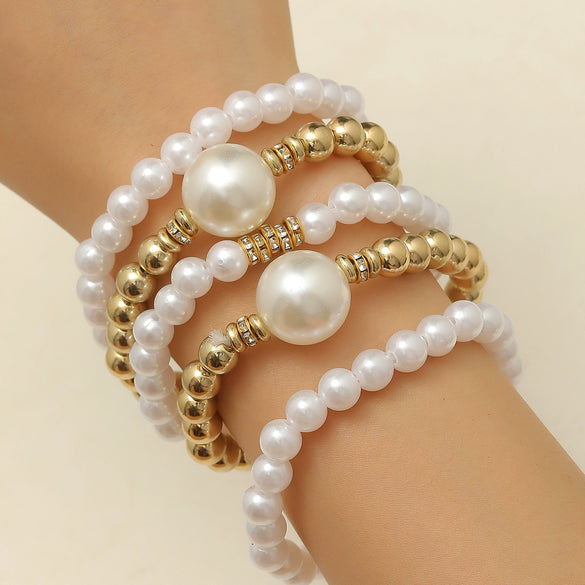 Jewelry Imitation Pearl Alloy Geometric Round Bead Stitching Electroplating Bracelet For Women