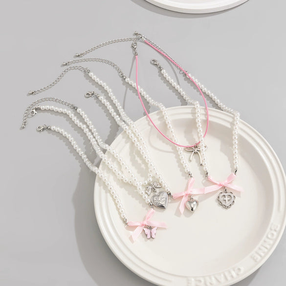 Jewelry Imitation Pearl Alloy Love Butterfly Heart Shape Bow Tie Geometric Sweet Women's Necklace