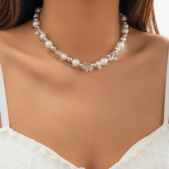 Jewelry Imitation Pearl Alloy Star Beaded Necklace With Electroplating