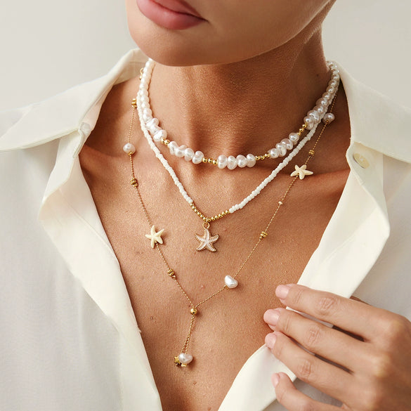 Jewelry Imitation Pearl Alloy Starfish Pendant Necklace Electroplating Light Luxury Style