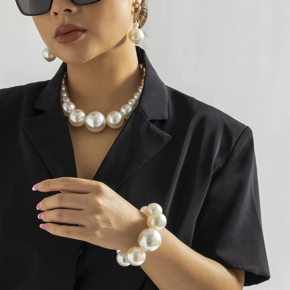 Jewelry Imitation Pearl Beaded Ball Chain Necklace With Geometric Style Handmade