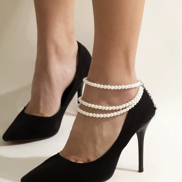Jewelry Imitation Pearl Beaded Tassel Geometric Anklet For Women