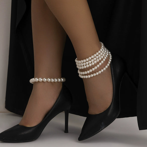 Jewelry Imitation Pearl Beaded Tassel Geometric Anklet For Women
