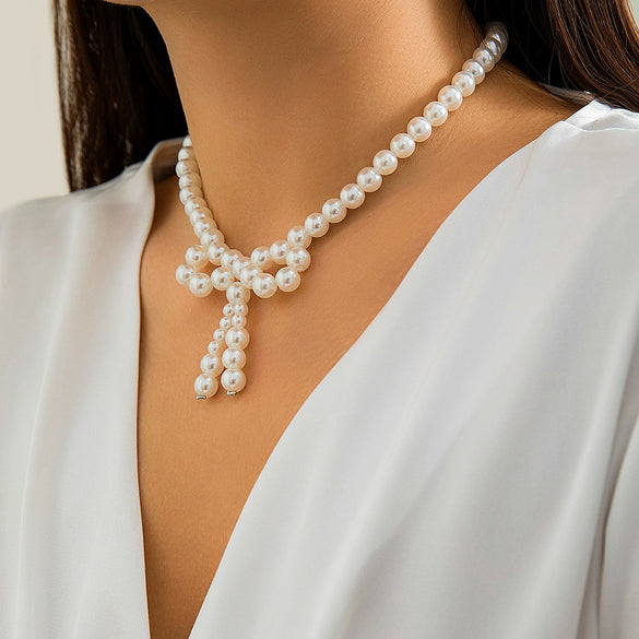 Jewelry Imitation Pearl Bow Handmade Beaded Knotted Necklace For Women