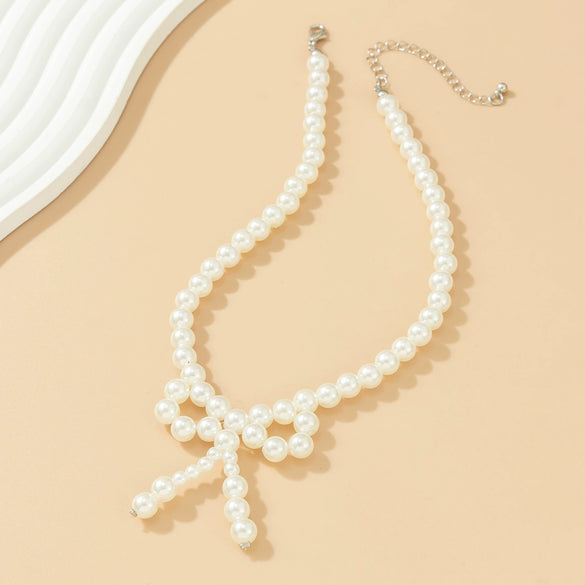 Jewelry Imitation Pearl Bow Handmade Beaded Knotted Necklace For Women