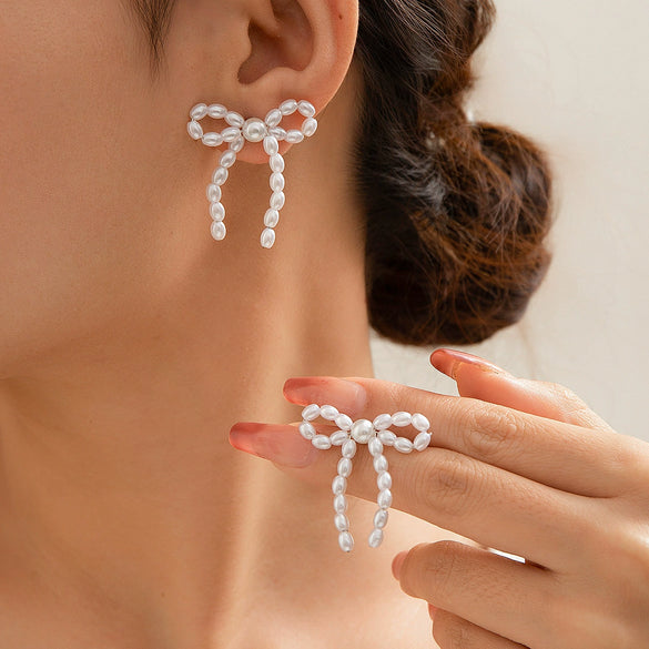 Jewelry Imitation Pearl Bow Tassel Earrings Electroplated